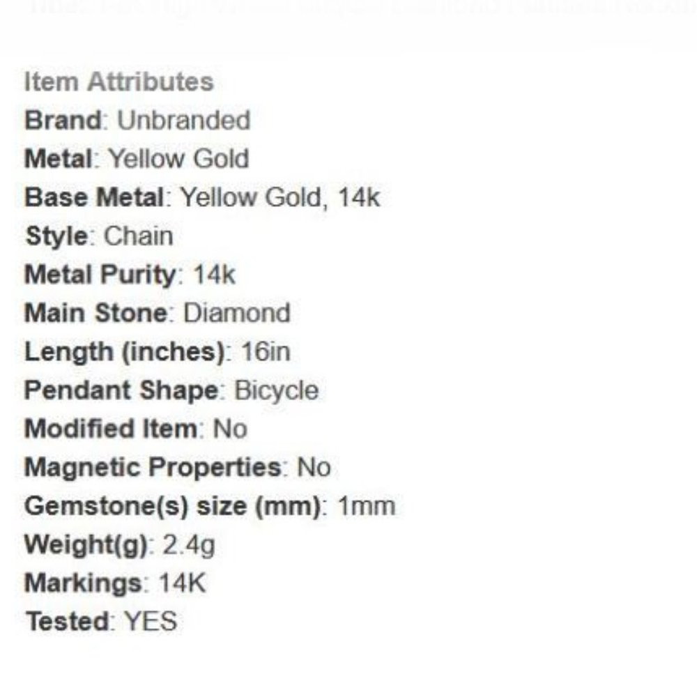 1mm Diamond 14K Yellow Gold High Wheel Bicycle 16 inch Necklace 2.4g - Picture 8 of 10